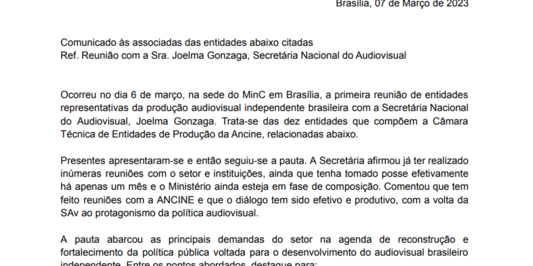 A primeira reunião de entidades representativas da produção audiovisual independente brasileira com a Secretária Nacional do Audiovisual